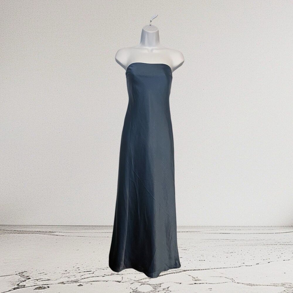 Strapless Satin Slip Dress in Blue - Picture 4 of 12